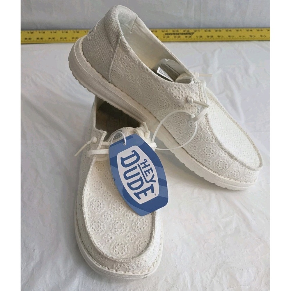 NWT Size 12 Hey Dude Women Wendy Eyelet Lace White Comfort Casual Shoes Slip-On